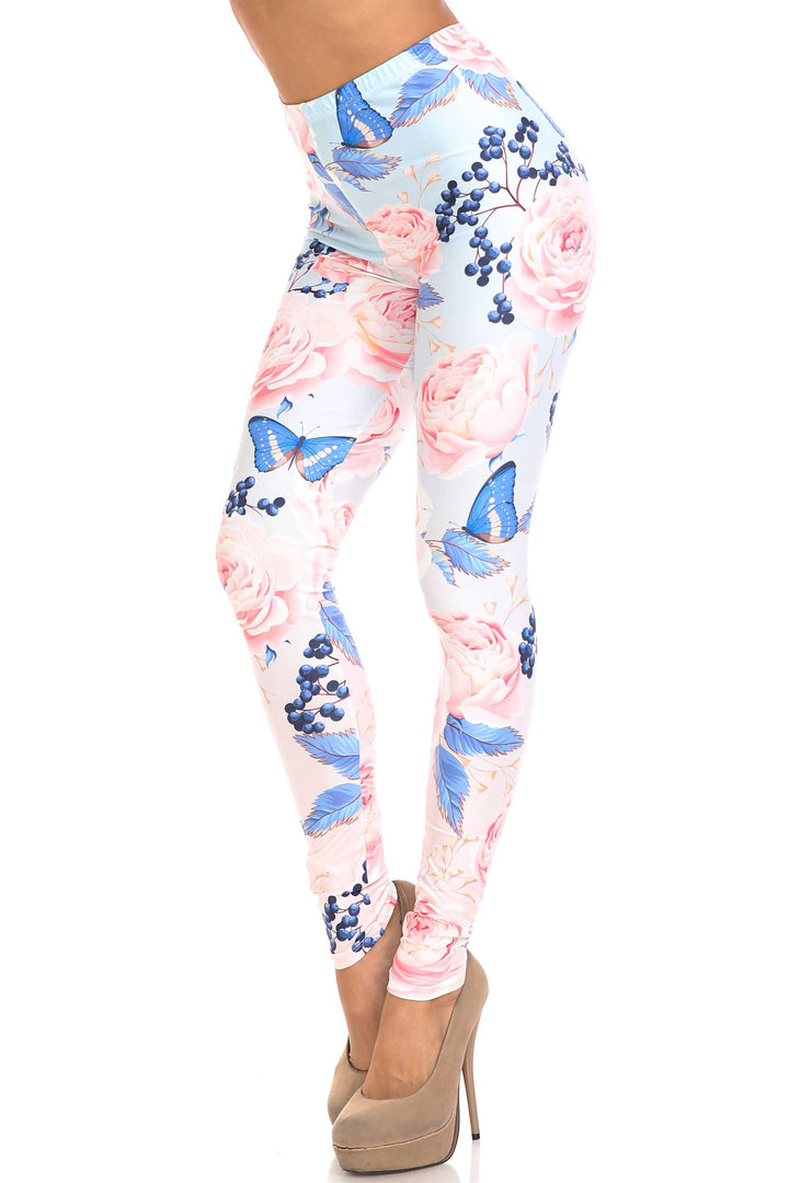Creamy Soft Butterflies and Jumbo Pink Roses Plus Size Leggings - USA Fashion