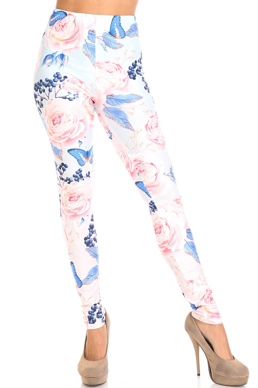 Creamy Soft Butterflies and Jumbo Pink Roses Plus Size Leggings - USA Fashion