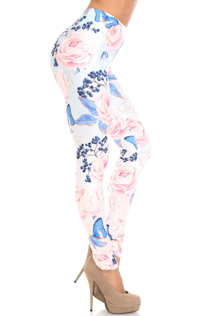 Creamy Soft Butterflies and Jumbo Pink Roses Plus Size Leggings - USA Fashion