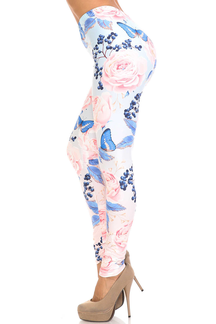 Creamy Soft Butterflies and Jumbo Pink Roses Plus Size Leggings - USA Fashion