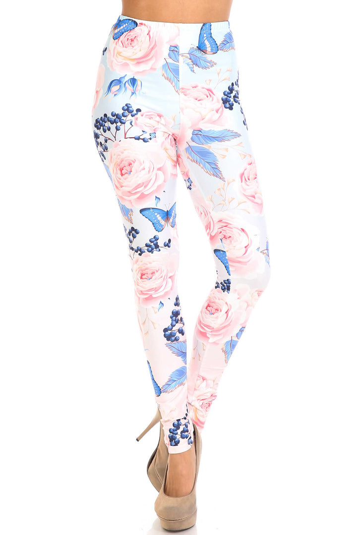 Creamy Soft Butterflies and Jumbo Pink Roses Plus Size Leggings - USA Fashion