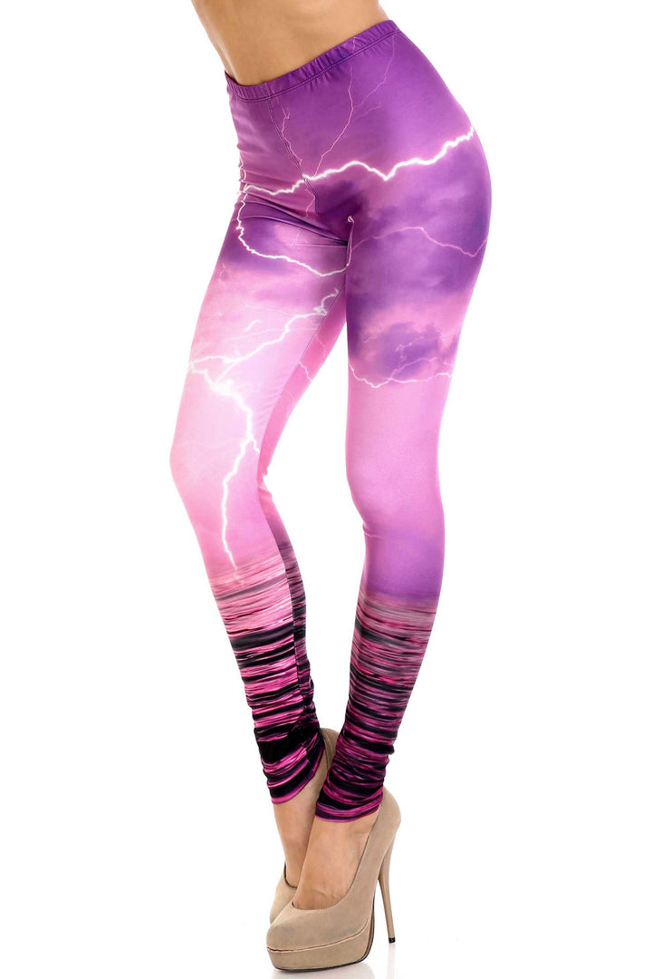 Creamy Soft Pink Lightning Storm Plus Size Leggings - USA Fashion