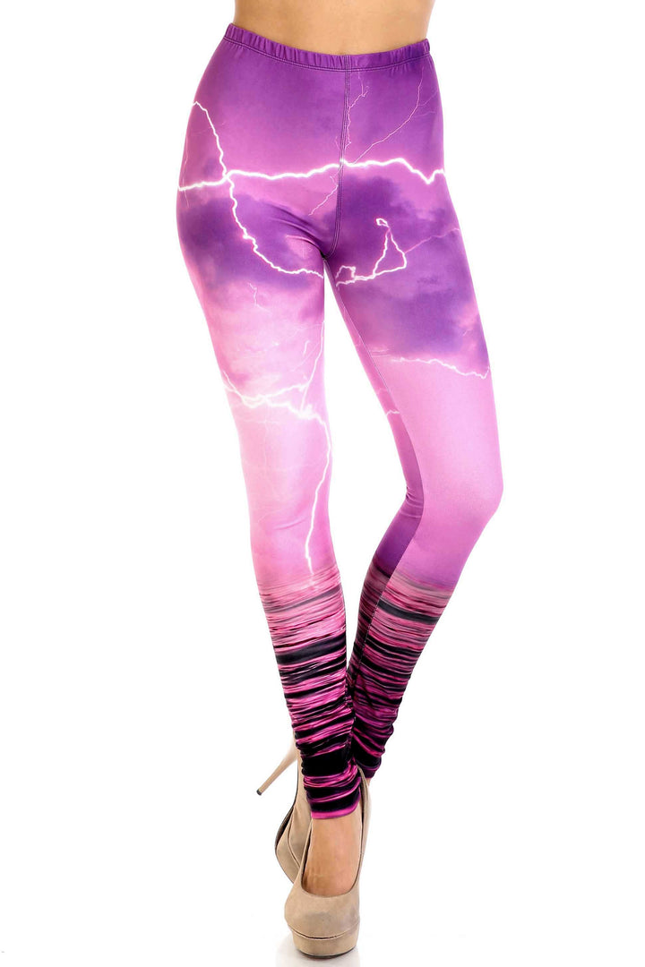 Creamy Soft Pink Lightning Storm Plus Size Leggings - USA Fashion