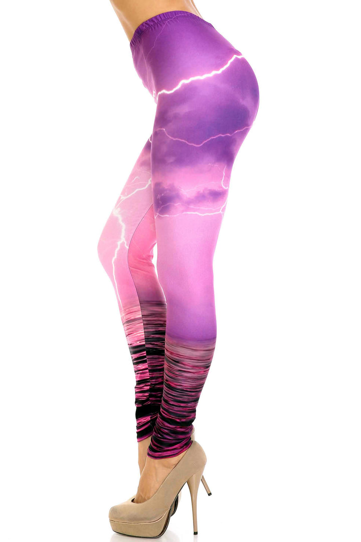 Creamy Soft Pink Lightning Storm Plus Size Leggings - USA Fashion