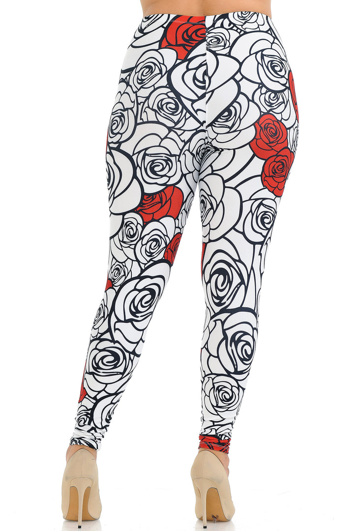 Creamy Soft Red Stencil Roses Plus Size Leggings - USA Fashion