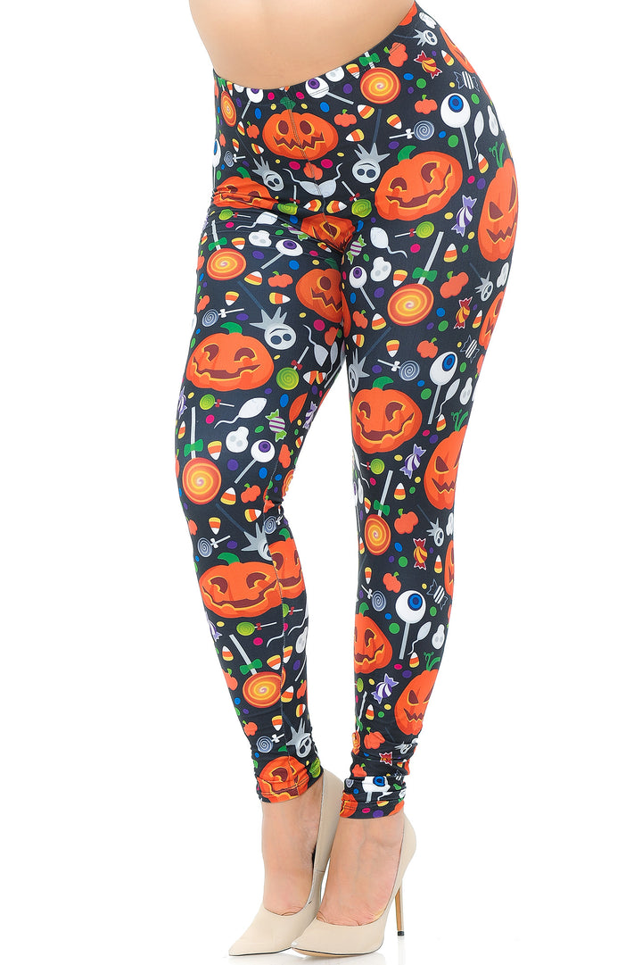 Creamy Soft Pumpkins and Halloween Candy Plus Size Leggings - USA Fashion (One Size Plus,Multi Color Bold)