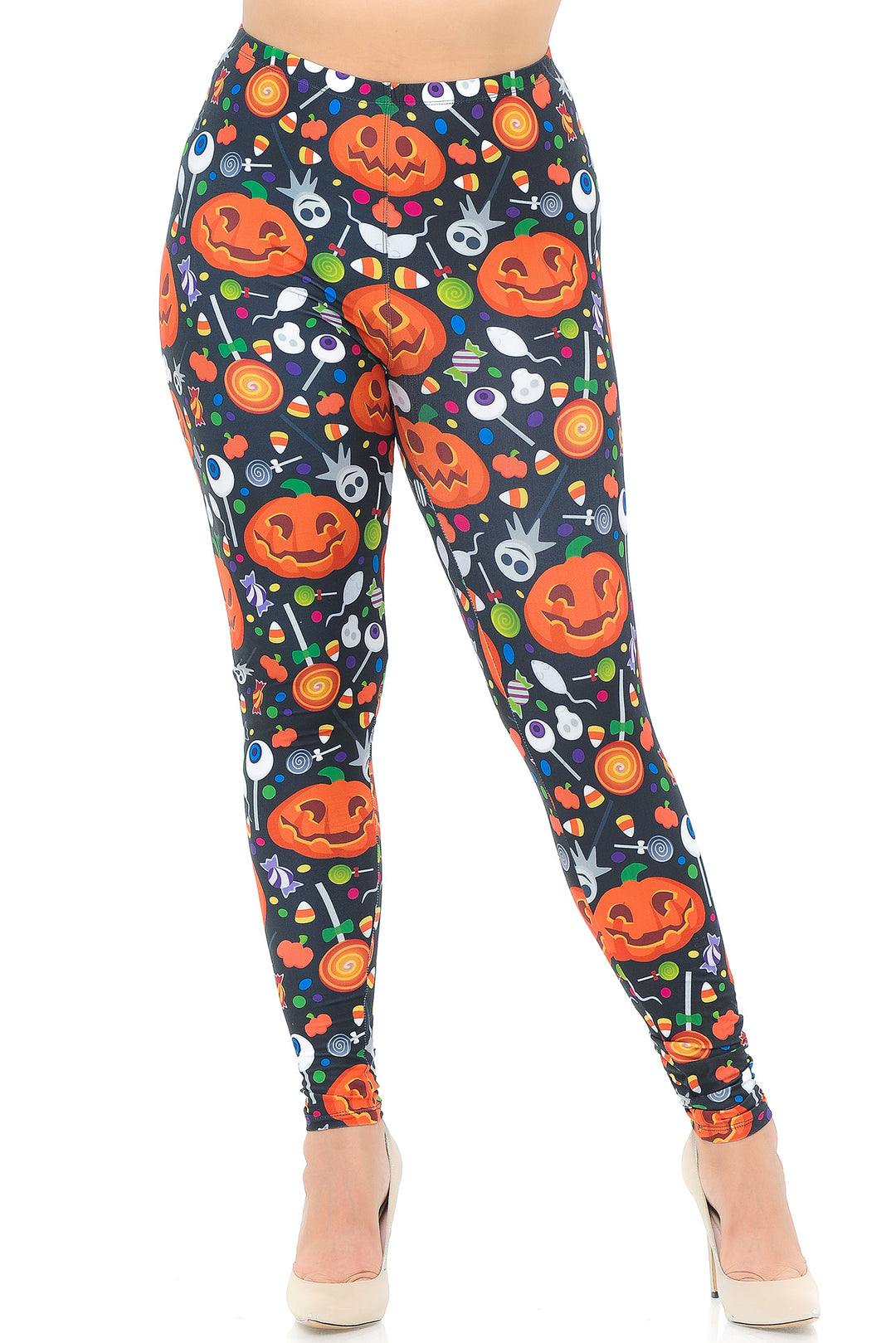 Creamy Soft Pumpkins and Halloween Candy Plus Size Leggings - USA Fashion (One Size Plus,Multi Color Bold)
