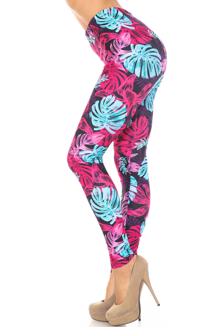 Creamy Soft Vivid Tropical Leaves Plus Size Leggings - USA Fashion
