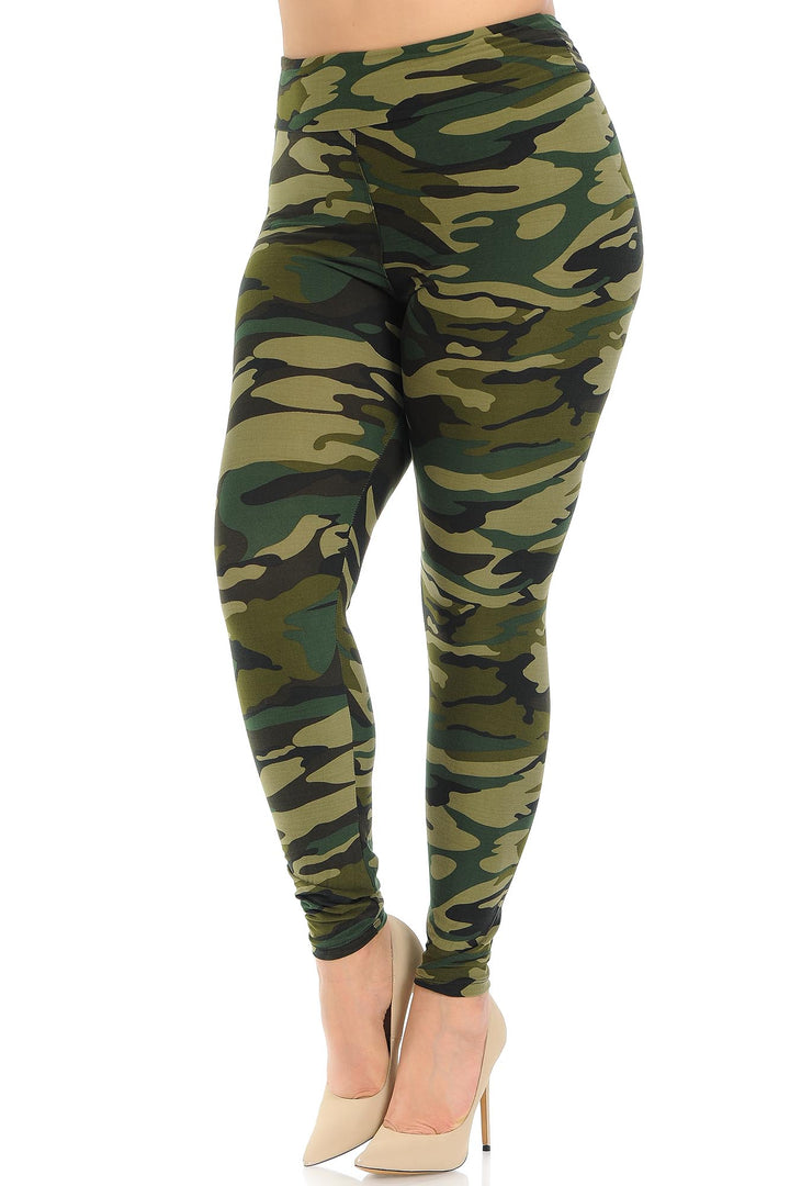 Buttery Smooth Green Camouflage High Waisted Plus Size Leggings - EEVEE