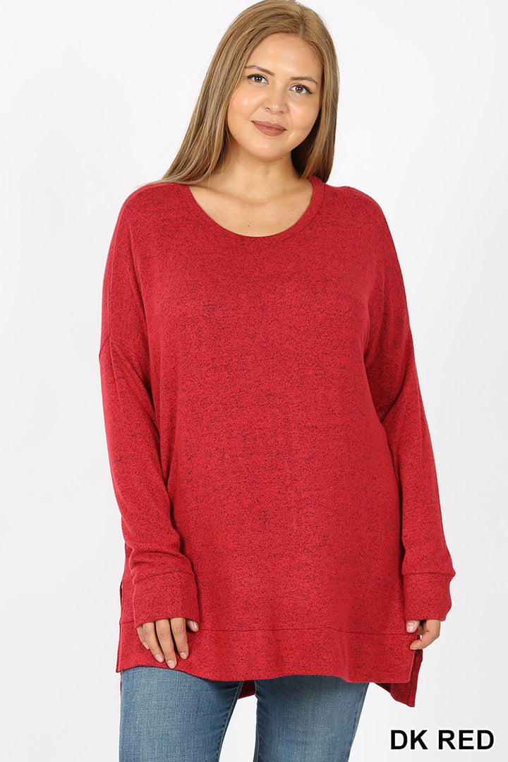 Brushed Melange Round Neck HI-LOW Plus Size Top