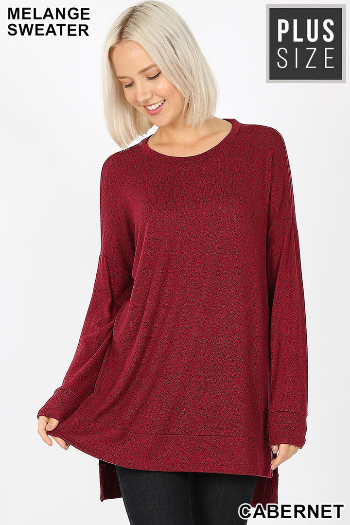 Brushed Melange Round Neck HI-LOW Plus Size Top