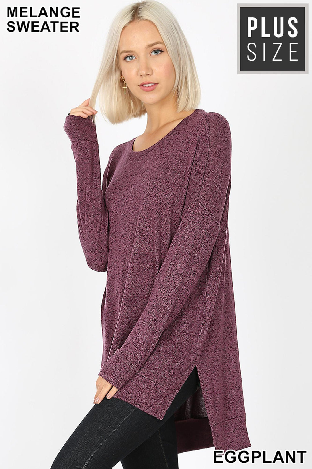 Brushed Melange Round Neck HI-LOW Plus Size Top