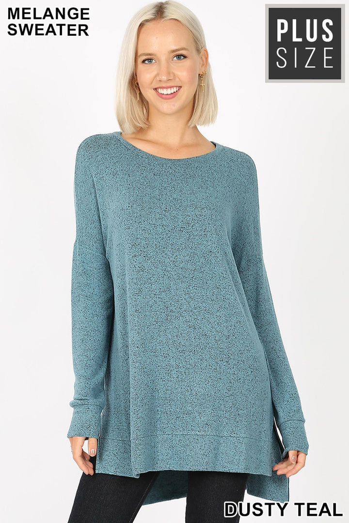 Brushed Melange Round Neck HI-LOW Plus Size Top