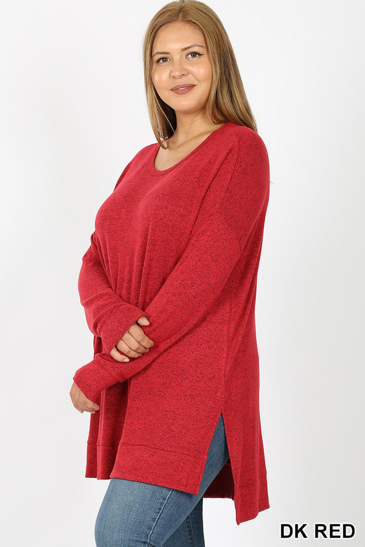 Brushed Melange Round Neck HI-LOW Plus Size Top