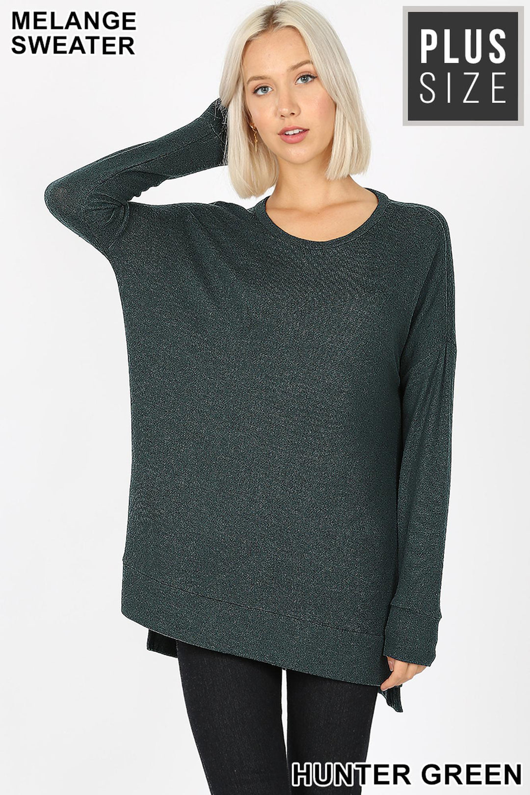 Brushed Melange Round Neck HI-LOW Plus Size Top