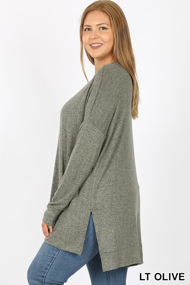 Brushed Melange Round Neck HI-LOW Plus Size Top