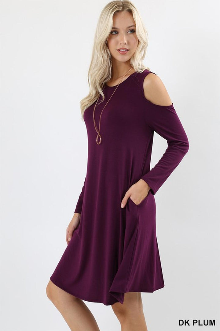 Premium Long Sleeve Cold Shoulder Rayon Tunic / Dress with Pockets