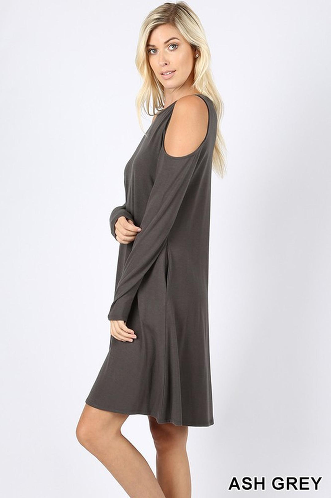 Premium Long Sleeve Cold Shoulder Rayon Tunic / Dress with Pockets