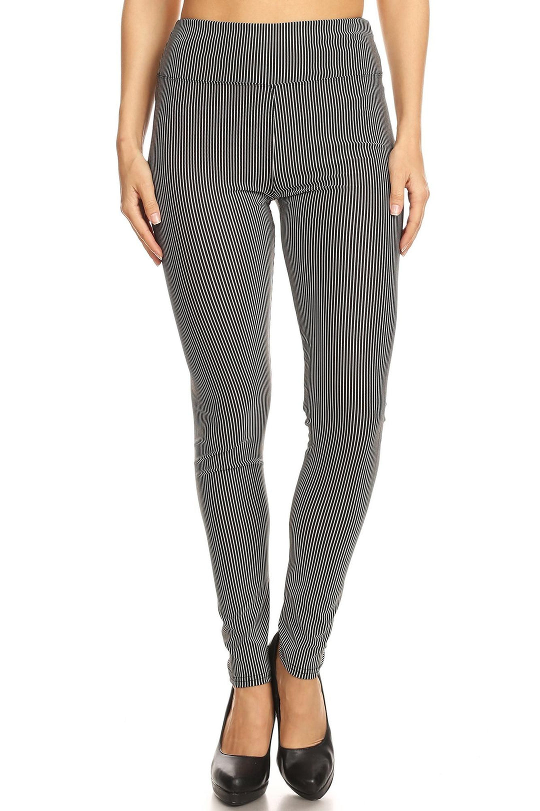 White Stripe Accent High Waisted Leggings - Thin