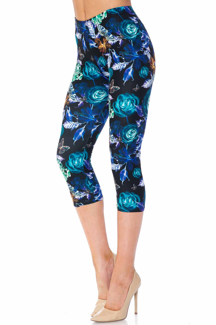 Creamy Soft Electric Blue Floral Butterfly Capris - USA Fashion