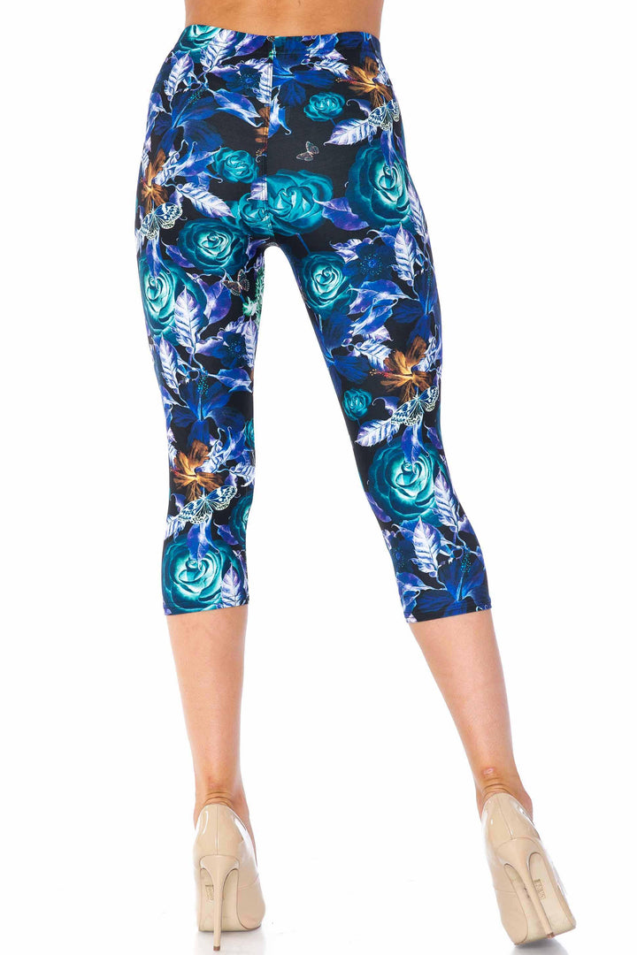 Creamy Soft Electric Blue Floral Butterfly Capris - USA Fashion