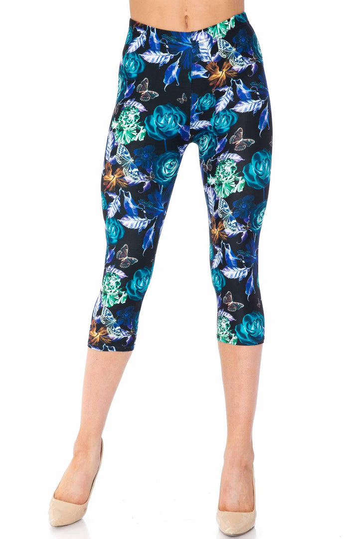 Creamy Soft Electric Blue Floral Butterfly Capris - USA Fashion