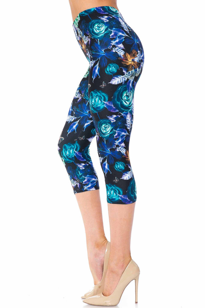 Creamy Soft Electric Blue Floral Butterfly Capris - USA Fashion