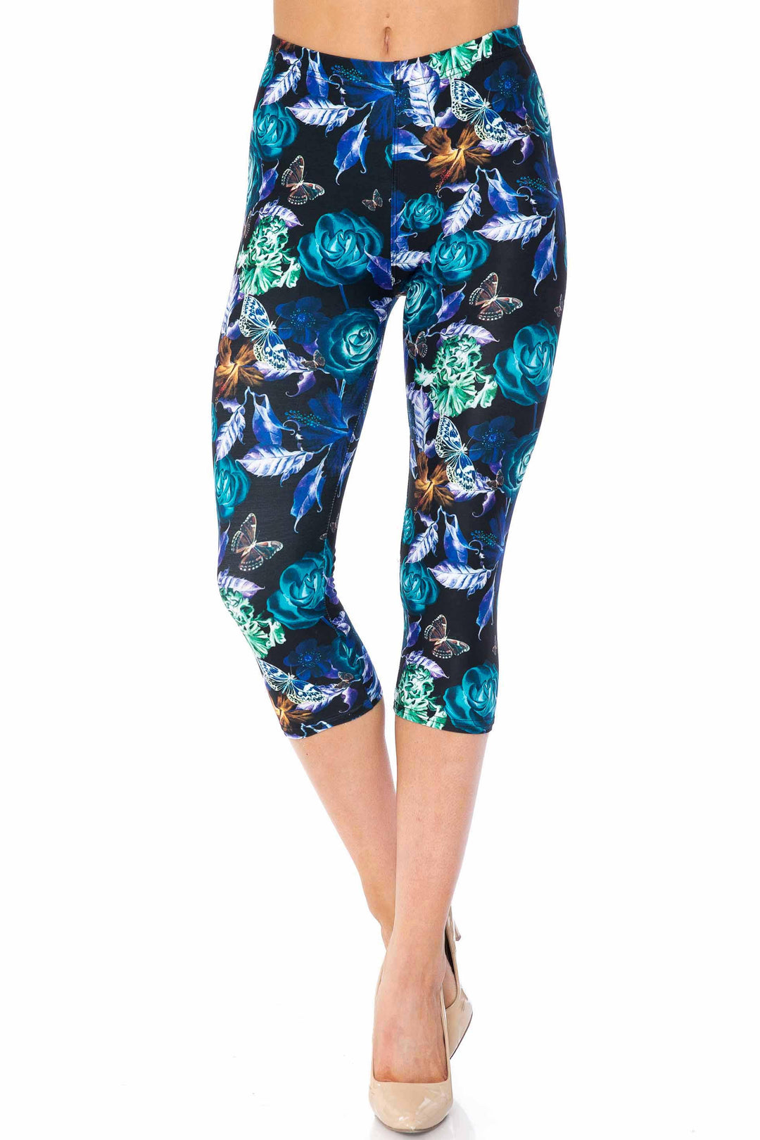 Creamy Soft Electric Blue Floral Butterfly Capris - USA Fashion