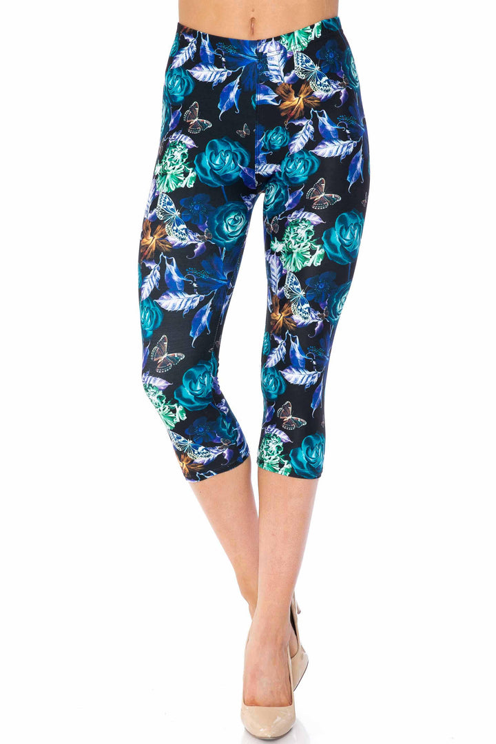 Creamy Soft Electric Blue Floral Butterfly Capris - USA Fashion