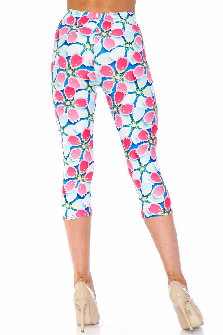 Creamy Soft Pink and Blue Sunshine Floral Capris - USA Fashion