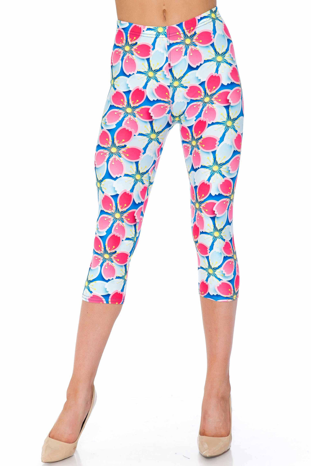Creamy Soft Pink and Blue Sunshine Floral Capris - USA Fashion