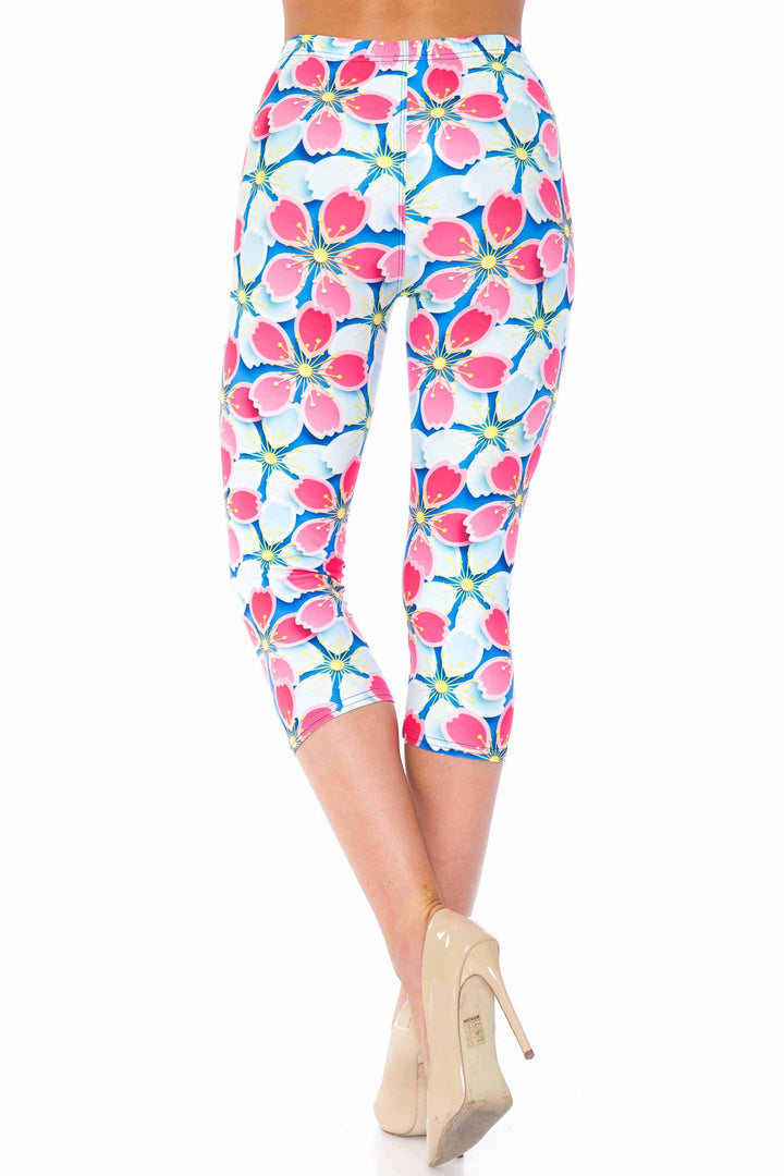 Creamy Soft Pink and Blue Sunshine Floral Capris - USA Fashion