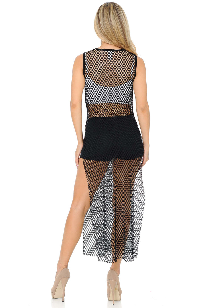 Black Fishnet Mesh Side Slit Overlay Tank Midi Dress