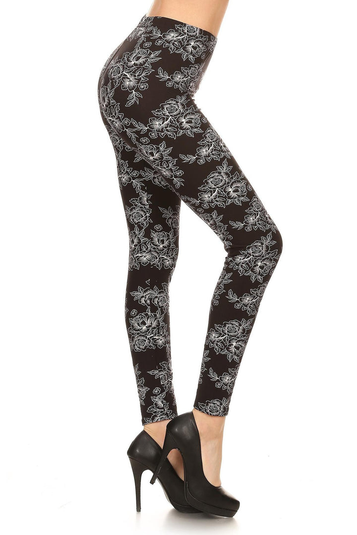Buttery Smooth Black and White Floral Outline Leggings