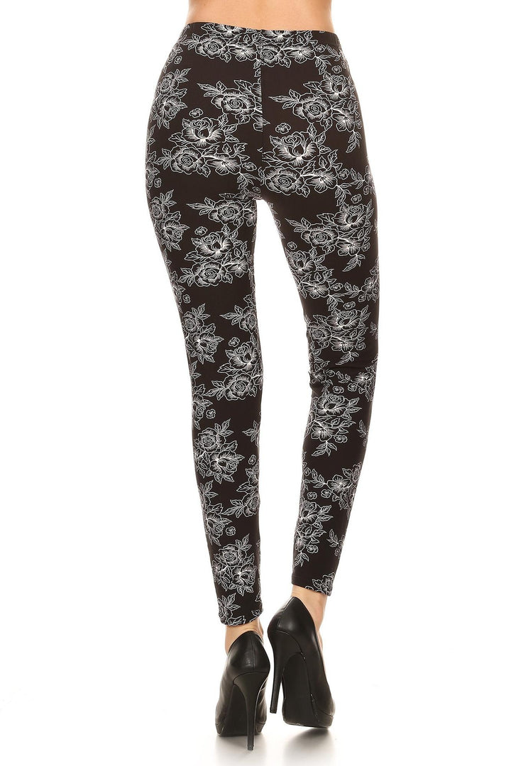 Buttery Smooth Black and White Floral Outline Leggings