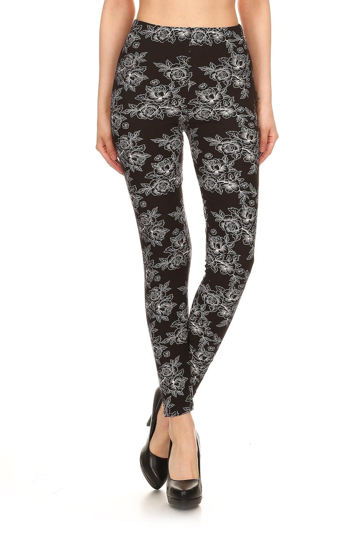 Buttery Smooth Black and White Floral Outline Leggings