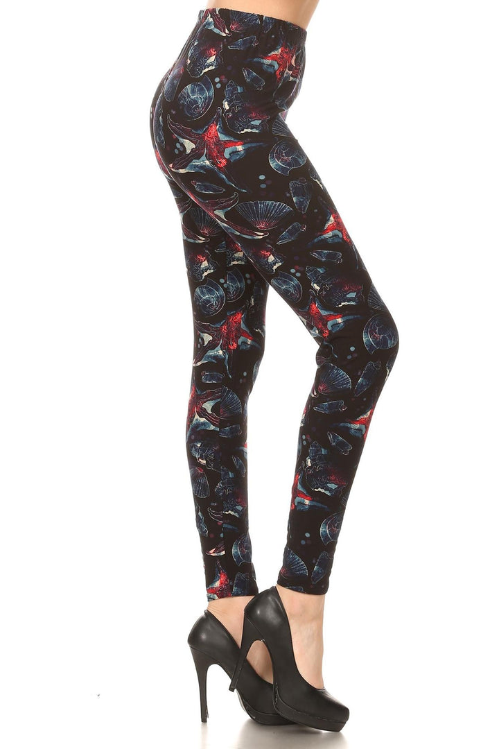 Buttery Smooth Red Starfish and Seashell Leggings