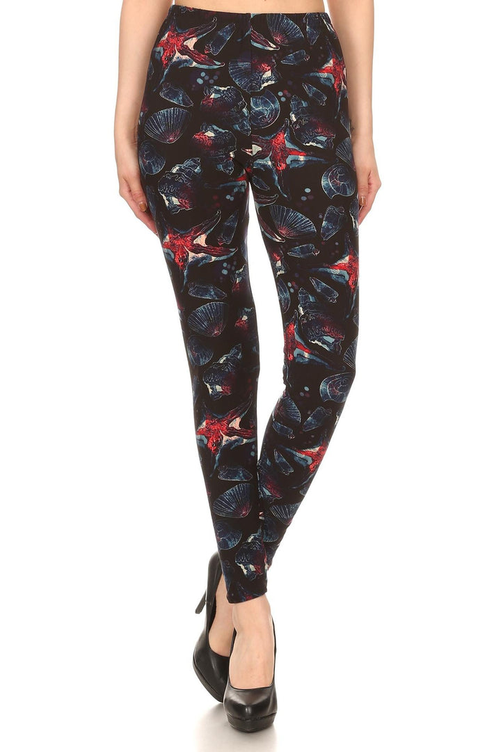 Buttery Smooth Red Starfish and Seashell Leggings