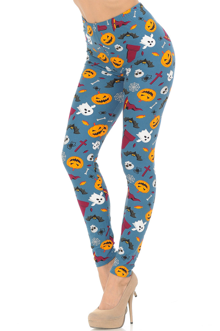 Buttery Smooth Steel Blue Halloween Motif Leggings