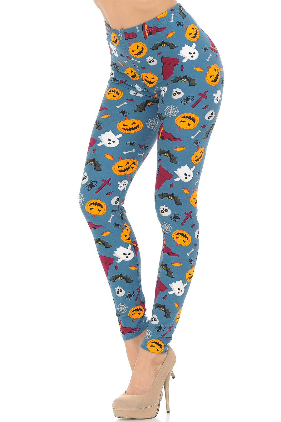 Buttery Smooth Steel Blue Halloween Motif Leggings