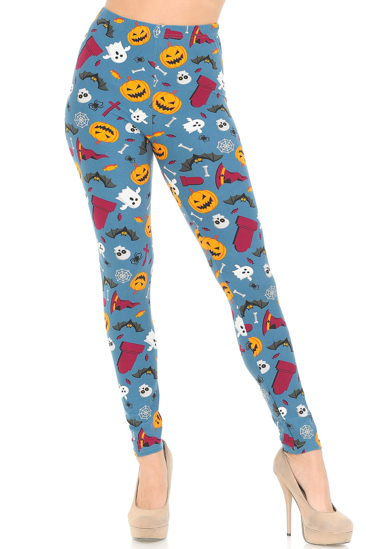 Buttery Smooth Steel Blue Halloween Motif Leggings