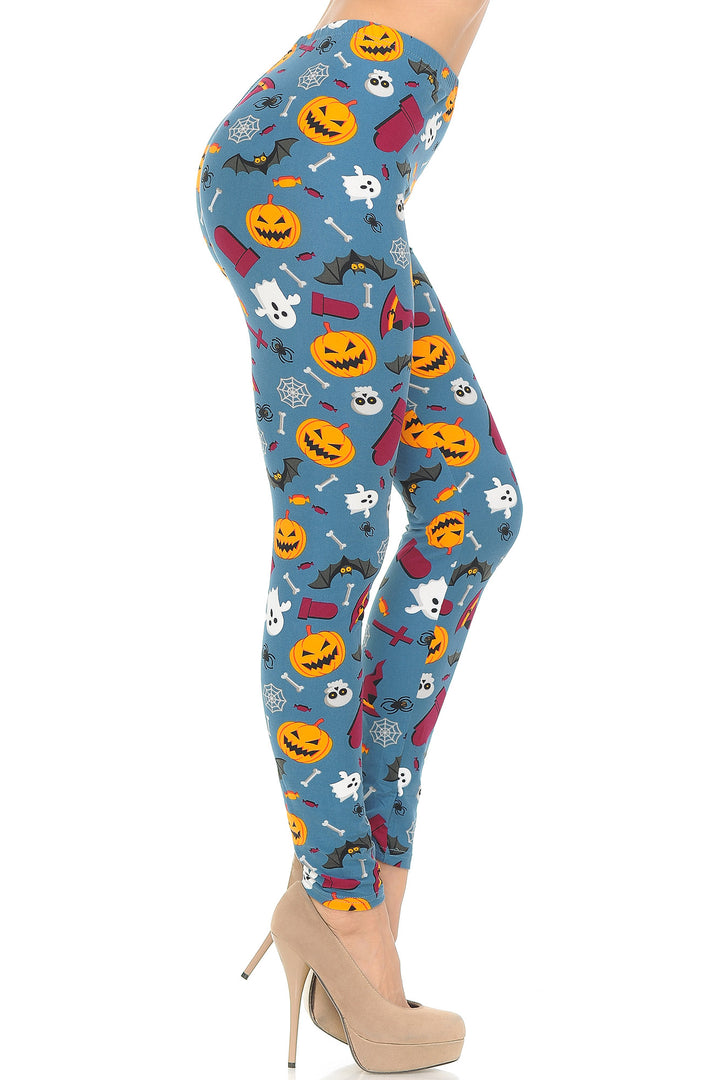 Buttery Smooth Steel Blue Halloween Motif Leggings