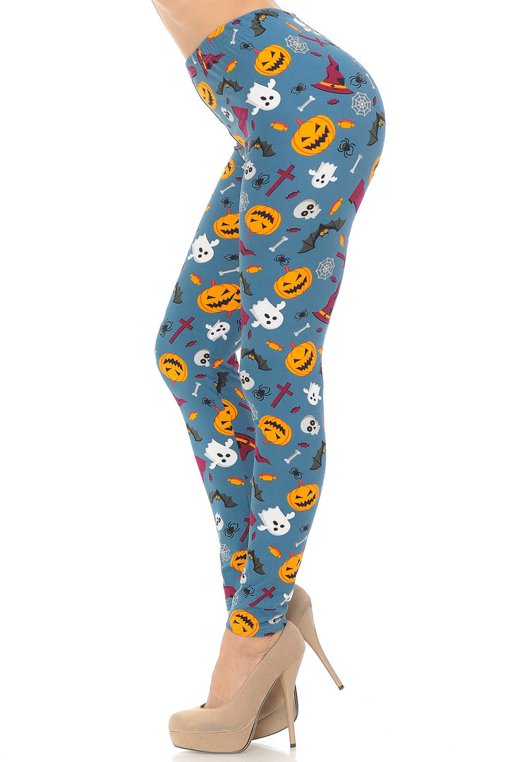 Buttery Smooth Steel Blue Halloween Motif Leggings