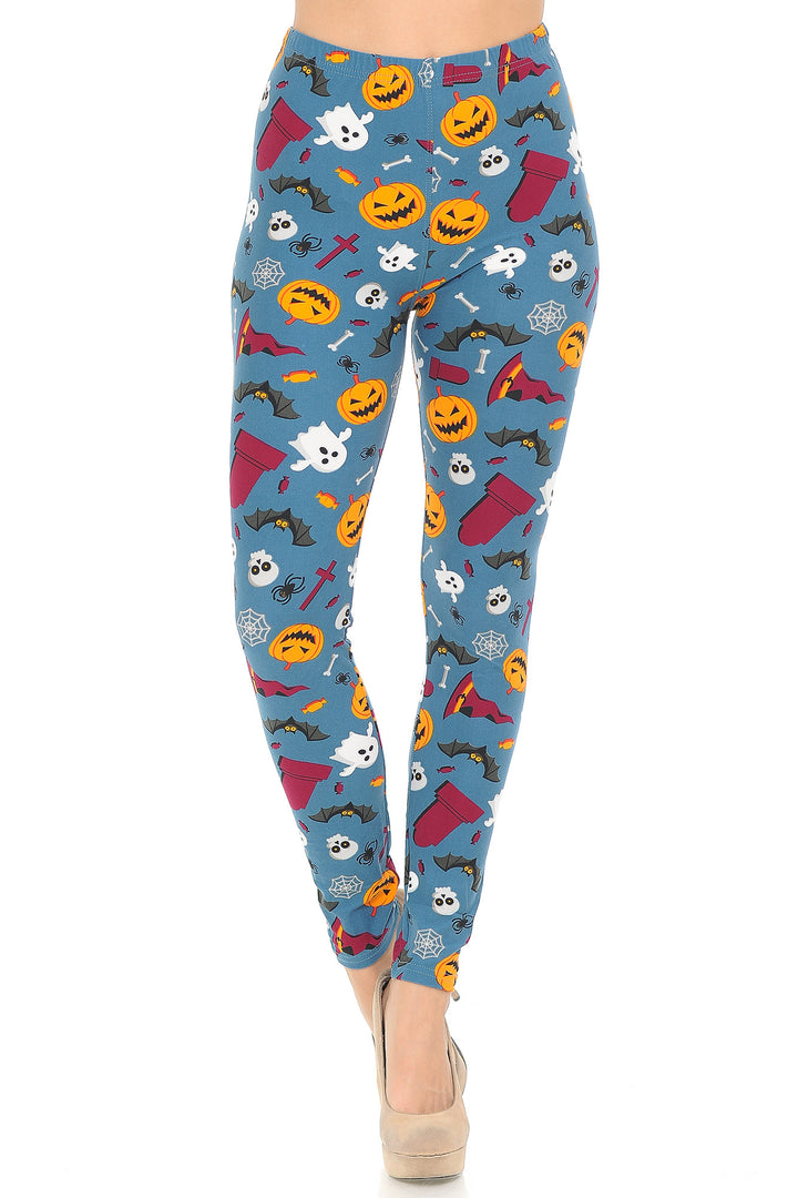 Buttery Smooth Steel Blue Halloween Motif Leggings