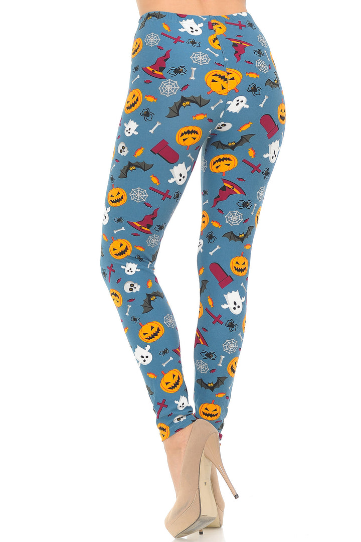 Buttery Smooth Steel Blue Halloween Motif Leggings