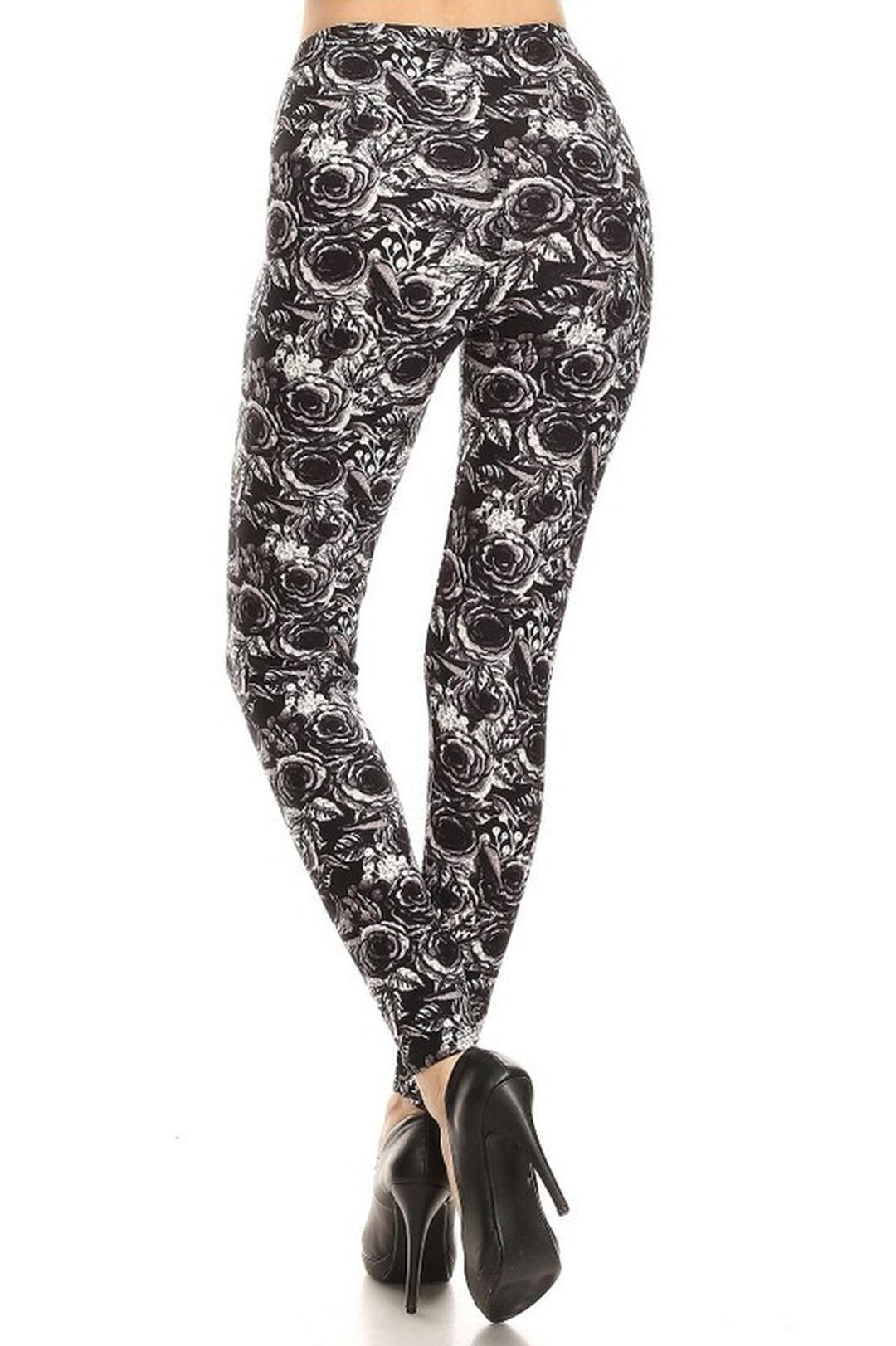 Buttery Smooth Black and White Rose Floral Leggings