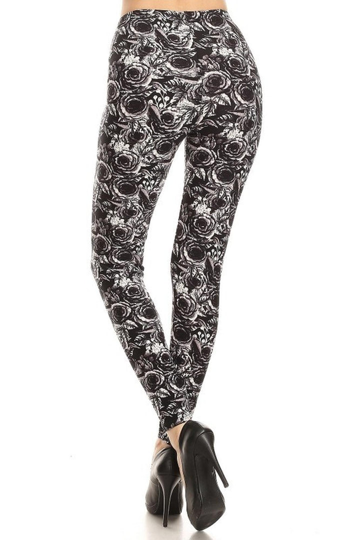 Buttery Smooth Black and White Rose Floral Leggings