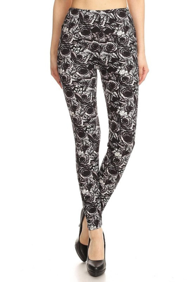 Buttery Smooth Black and White Rose Floral Leggings
