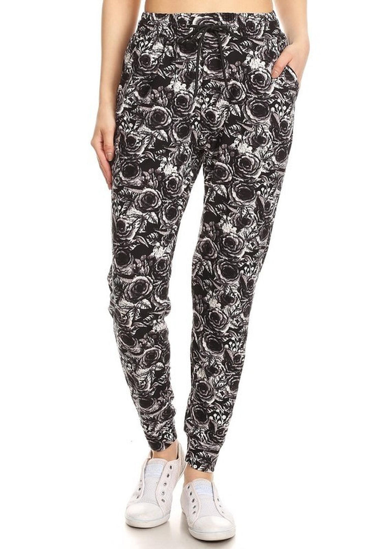 Buttery Soft Black and White Rose Floral Joggers