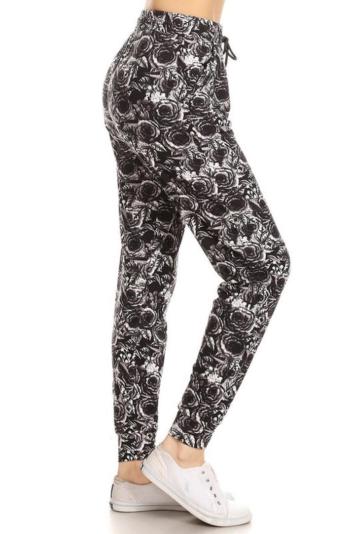 Buttery Soft Black and White Rose Floral Joggers